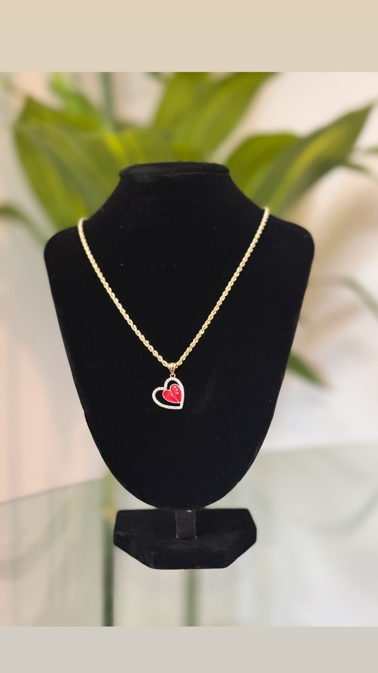 14K Gold Double Heart Red Enamel Pendant Necklace – 18” Rope Chain (2.5mm
