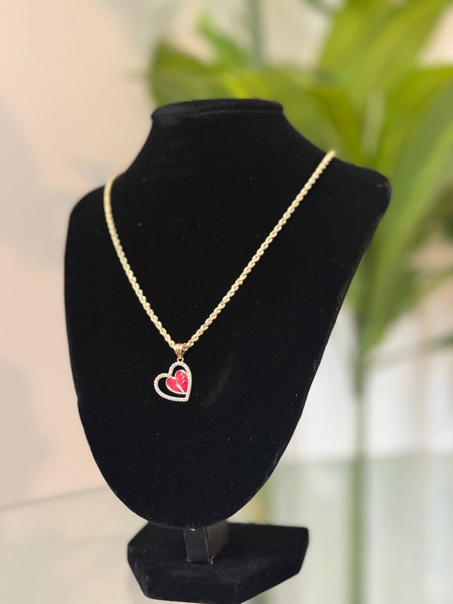 14K Gold Double Heart Red Enamel Pendant Necklace – 18” Rope Chain (2.5mm